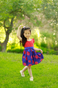 #AF22OO5 Girls’ Blue & Red Sunflower Bow Dress