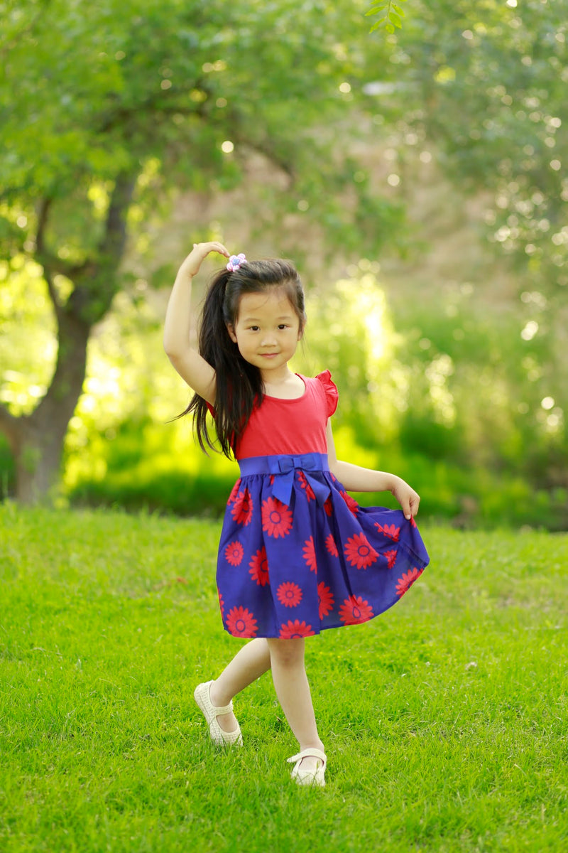 #AF22OO5 Girls’ Blue & Red Sunflower Bow Dress