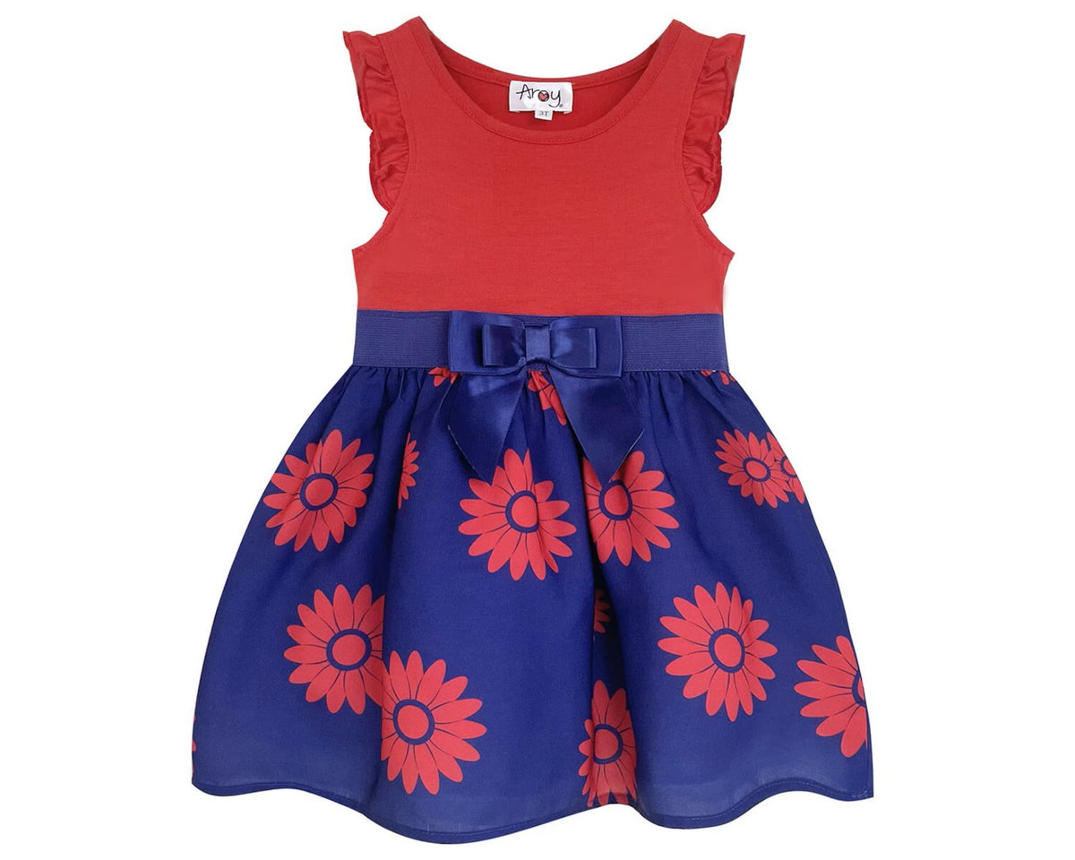 #AF22OO5 Girls’ Blue & Red Sunflower Bow Dress
